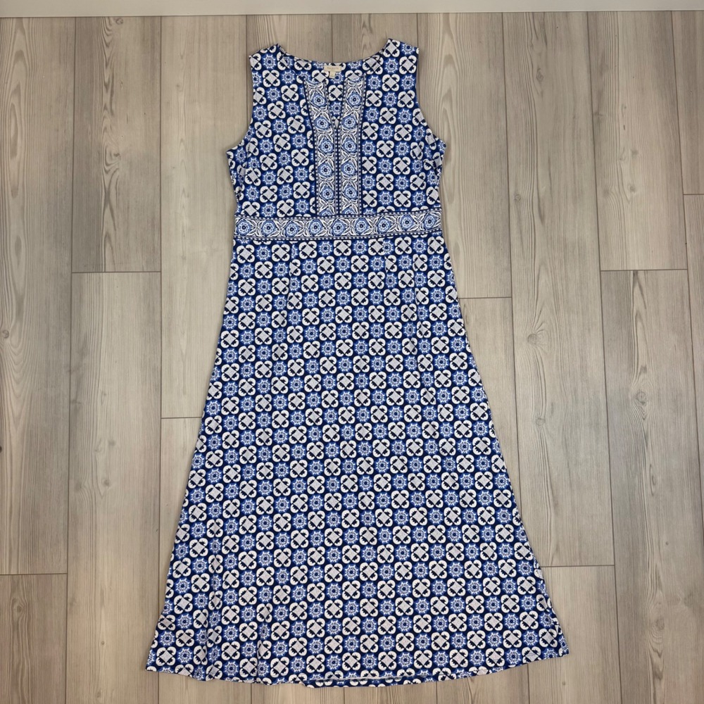 Talbots Blue White Geometric Tile Print Sleeveless Maxi Dress Large Cotton Blend